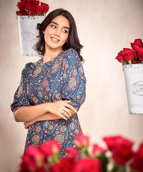 Puffed Sleeve Skater Blue Printed Dress